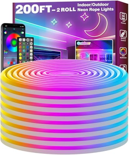 FBZ 200Ft Led Rope Lights, Flexible Neon Lights Control with AppRemote, Multiple Modes, IP65 Outdoor RGB Waterproof, Music Sync Gaming Light Strip for Bedroom Decor