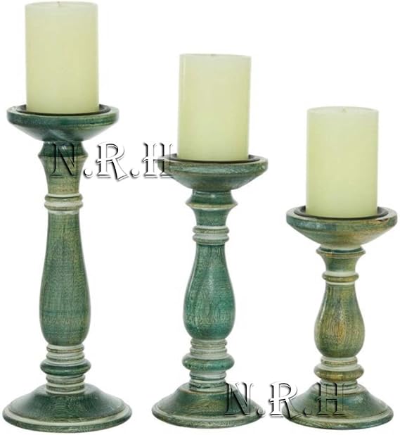 Light Green Candle Holders for Pillar Candles (Set of 3) Candle Holder Set - Rustic Wooden Candle Holders Pillar - Candle Stand for Fireplace or Table Centerpiece -6X4, 8X4, 10X4