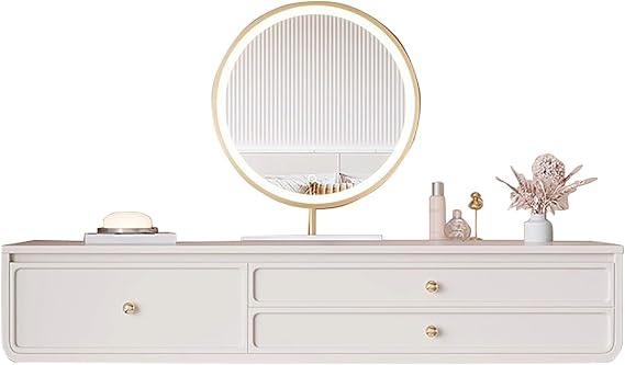 Cream Floating Makeup Vanity Wall Mounted, Small Bedroom Vanity Desk with LED Touch Mirror, Storage Drawers, Floating Vanity Table(31.4in/80cm)