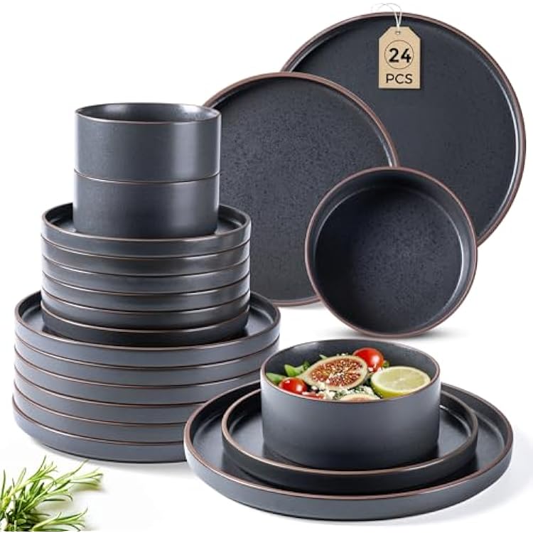 LERATIO Ceramic Dinnerware Sets for 8, High Edge Stoneware Plates and Bowls Set, Chip and Crack Resistant | Oven & Dishwasher & Microwave Safe Dishes Set, Service for 8 -Ashen