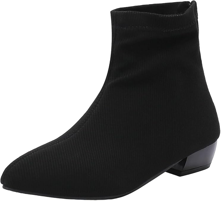 DINTAHA Knit Stretch Ankle Boots Chunky Low Heel Pointed Toe Booties with Zip Up