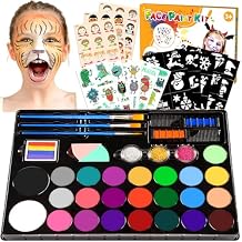 Face Painting Kit for Kids, 24 Colors Water Based Non-Toxic Face Paint with Stencils & Brushes, Professional Body Makeup Set with Guide Book, Washable Face & Body Paint for Halloween Birthday Parties