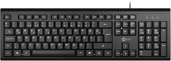 Lecoo KB101 USB Wired Turkish Q Keyboard - QWERTY Turkish Key Array, With Numerical Keypad, Resistant to Fluid Spills, Adjustable Height, Compatible with Win, Mac, Linux Keyboard Black