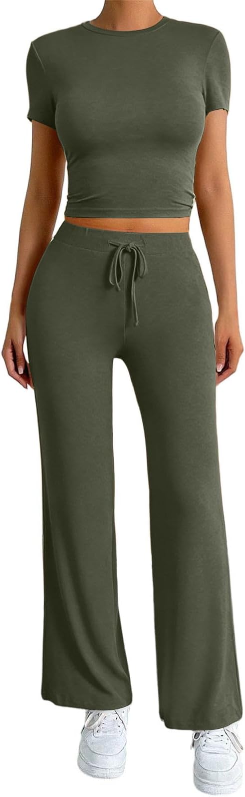 Women's 2 Piece Lounge Sets Crop High Wasit Straight Leg Leggings Pants Casual Workout Outfits Slim Fit Tracksuit