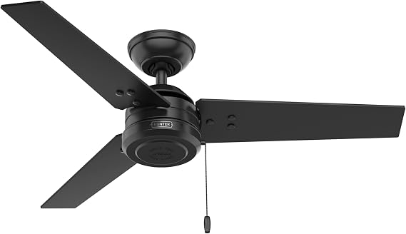 Hunter Cassius, Outdoor or Indoor, Ceiling Fan, 44 inch, Matte Black | No Light, Standard Mount, Pull Chain, 3 Blades, For Living Room, Patio, Porch, Garage, 50260