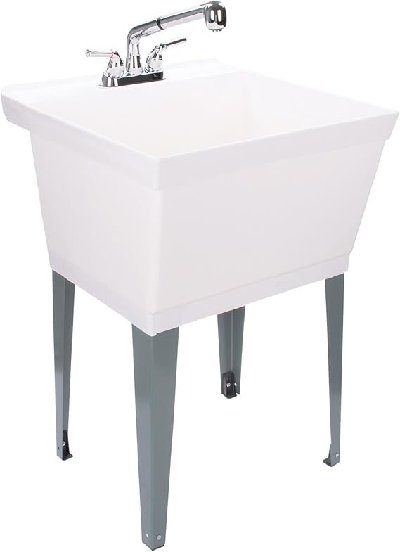 Tehila Standard Freestanding White Utility Sink with Chrome Finish Pull-Out Faucet