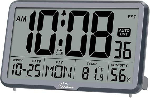 Auto Set Digital Wall Clock Battery Operated, Auto DST | Desk Clock with Temperature, Humidity and Date, Large Display Digital Calendar Alarm Clock for Bedroom, Office, Classroom