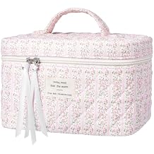 senbowe Large Quilted Makeup Bag, Cotton Floral Cosmetic Bag for Women, Cute Coquette Aesthetic Makeup Bag Toiletry Bag, Travel Make Up Organizer Bag with Zipper and Ribbon (Pink-green Floral)