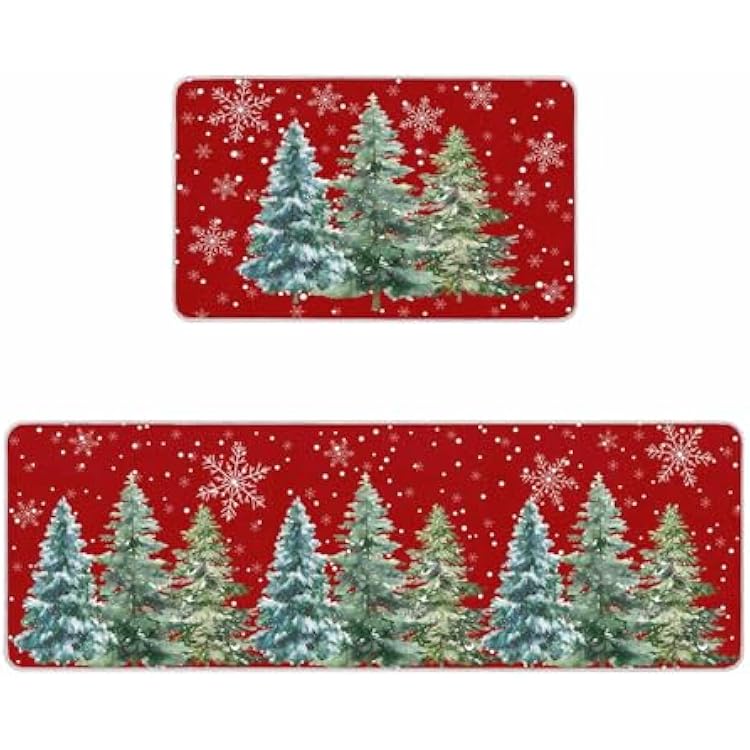 Christmas Tree Red Kitchen Mat Set 2 Pcs, White Snowflake Non Slip Kitchen Rugs and Mats, Green Winter Forest Washable Kitchen Runner Rug Sets for Winter New Year Xmas Party, 15.7x23.615.7x47.2