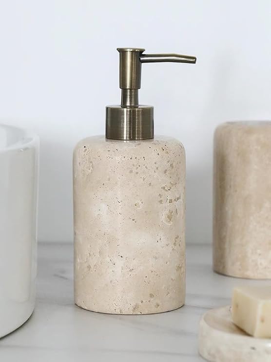 Luxury Natural Beige Travertine soap Bottle Holder Shower Bottles Refillable Marble Stone Shampoo and Conditioner Dispenser