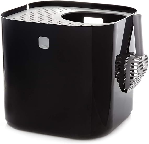 Modkat Top-Entry Cat Litter Box, Leak-Proof, Liner & Scoop, Black | Top-entry design helps reduce litter tracking with a seamless leak-proof base, reusable liner and scoop included