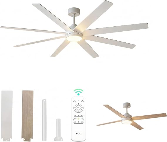 TCL 72 Inch White Large Ceiling Fans with Lights and Remote