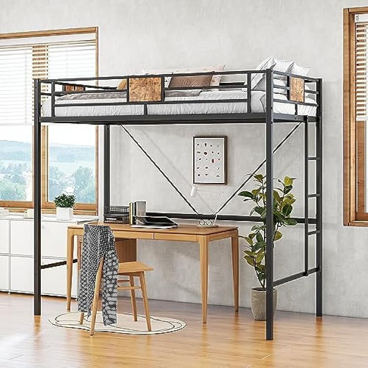 JURMERRY Metal Twin Loft Bed Frame with Stairs & Full-Length Guardrail, Black