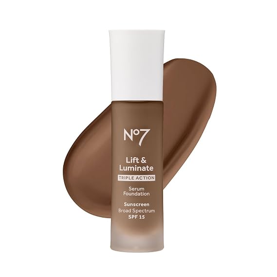 No7 Lift & Luminate Triple Action Serum Foundation, Umber, 30ml | Liquid Makeup with SPF 15, Dewy Glowy Base, Radiant Formula for Mature Skin