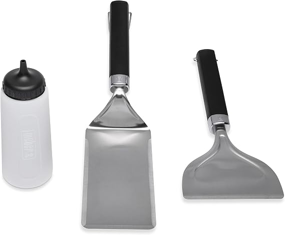 Weber Griddle Starter Tool Set, 3Piece | Stainless-Steel Spatula, Scraper & Squeeze Bottle for Outdoor FlatTop Grilling - Tools for Pancakes, Smash Burgers & More