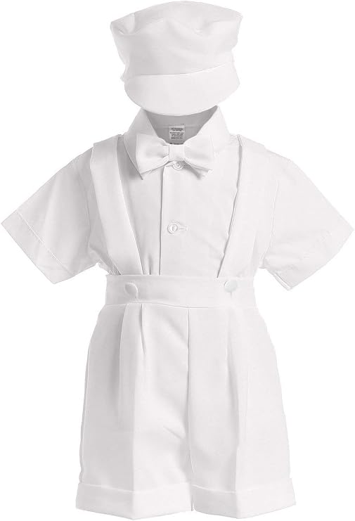 4-Piece Christening Baptism Suspender Short Set - Black or White Cap Bowtie