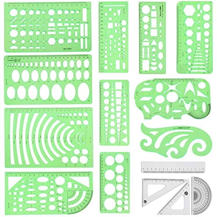 Angrox Geometric Drawings Templates Measuring Geometry Rulers 15 Pcs with 1 Pack File Bag for Design School Studying Office Building...