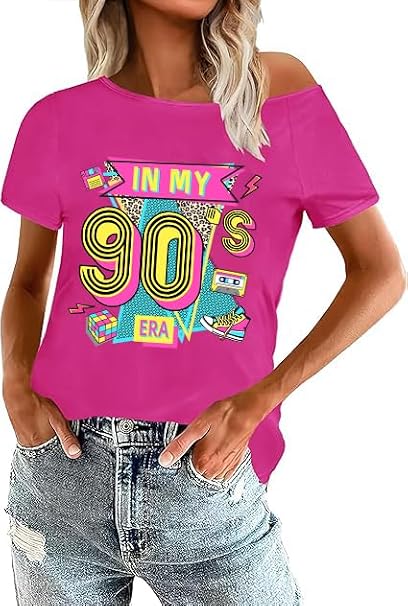 YHHR 90's Shirts for Women 80s Neon Off the Shoulder Tops Vintage Shirt