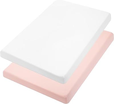 TILLYOU Mini Crib Fitted Sheets - Soft Knit Sheet for Pack N Play, Microfiber Mini Crib Sheets, Playpen Bedding Sheet for Baby 2 Pack, Machine Washable, White & Peachy Pink