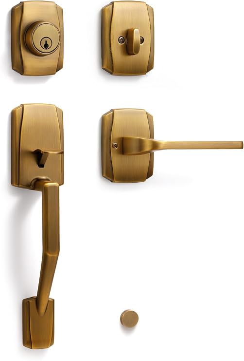 Entry Door Handle and Deadbolt Front Antique Brass 1 Pack | Lock and Key Reversible Exterior Lever Way Door Handleset Single Cylinder