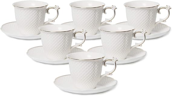 Royal Porcelain Elegant White Porcelain Espresso Coffee Cups and Saucers - 12 Piece, 3 oz Mini Cup Set with Gold Rim, Perfect for Coffee Bars, Kitchen, Espresso Machines
