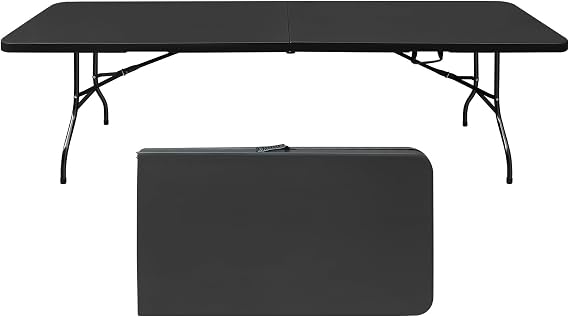 Prime 8ft Folding Table, Portable Plastic Table for Camping, Picnics, Parties, High Load Bearing Foldable Table (Black)