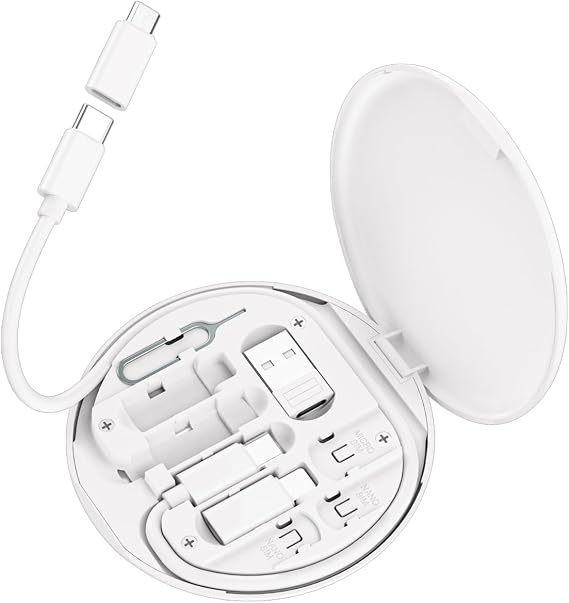 Multi USB Charging Adapter Cable Kit, USB C to iOS Device for Travel, Conversion Set USB A & USB C to Male Micro /USB C/iOS Adapter, Data Transfer, Card Storage, Tray Eject Pin, Phone Holder (White)