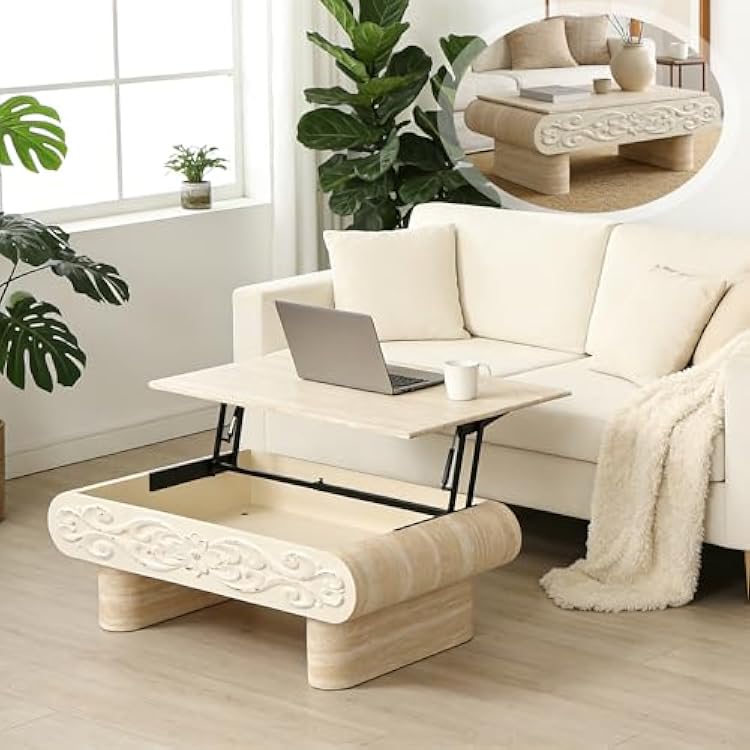 39.4 Lift Top Coffee Table with Hidden Storage, Modern Rectangular Faux Mars Marble Pattern Center Table Cocktail Tea Table with Curved Safety Corners and Relief Design, BeigeYellow