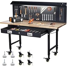 Workbench 60" x 22" Adjustable Height Worktable, Heavy Duty Rubber Wood Top, 2000 LBS Load Capacity, Tool Storage Workstation with Drawer, Pegboard, Power Outlets & Lockable Wheels