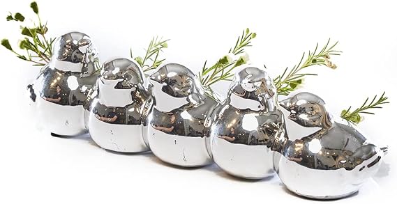 Sisken Chive - Unique Ceramic Bird Vase - 5 Interconnected Birds (Silver), Small Bud Vase for Decorative Floral Arranging, Low Laying Vase for Home Tabletop