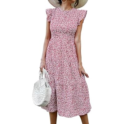 Women Spring Summer Dresses, Floral Crew Neck Ruffle Sleeve Sundress, Holiday Party Long Tiered Dress
