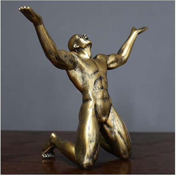 Nude Male Figurine Resin Kneeling Muscular Naked Male Statue Character Men Body Art Collectible Sculpture Creative Ornaments for Home Office Living Room (Color : Gold)