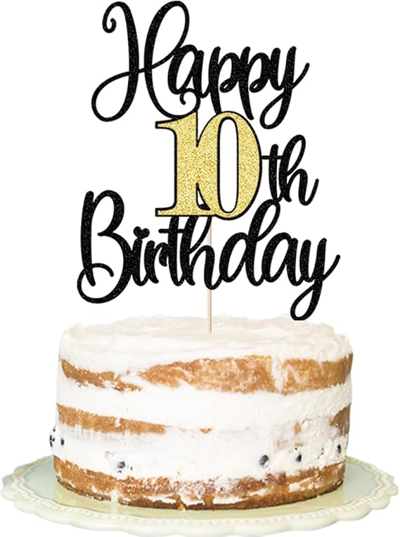 Happy 10th Birthday Cake Topper -Black Gold Glitter Cheers to 10 Years Cake Topper, 10 & Fabulous Cake -Decoration for Happy 10th Birthday Anniversary Party Cake Decorations Supplies