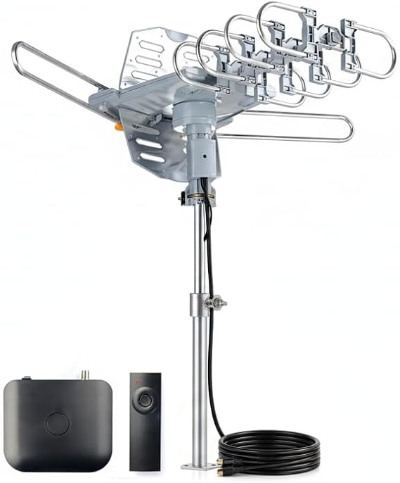 PBD Digital Amplified Outdoor HDTV Antenna with 40FT RG6 Cable, 360 Degree Rotation, Wireless Remote, Snap-On Installation