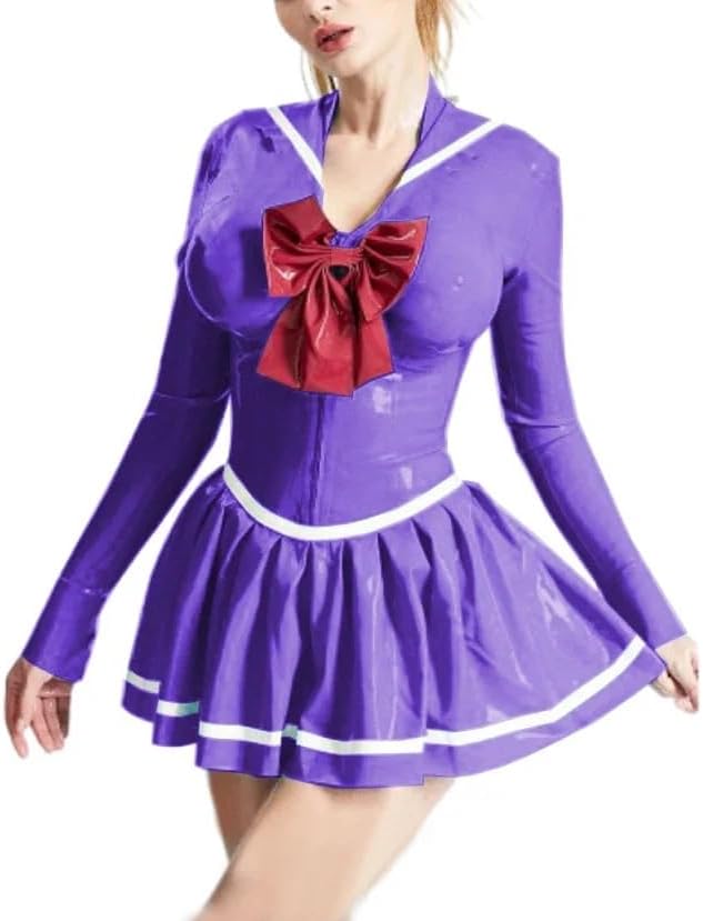 Sailor Neck Sailor Suit Lockable Front Zipper Long Sleeve Skinny Fit Mini Dress Shiny PVC Leather Cosplay
