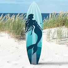 JennyGems Outdoor Mermaid Surfboard Wall Art Weatherproof PVC Coastal Mermaid Sign for Beach House or Pool Area Nautical Ocean Accent, 3 Foot