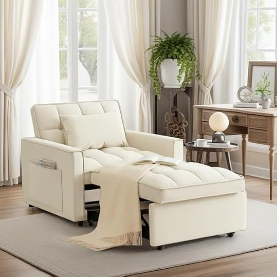 Sleeper Chair, Pull Out Chair Sleeper with Adjustable Back & Pocket, Convertible Chairs Bed Sleepers for Adults, 3 in 1 Sofa Bed Chairs for Small Spaces, Living Room, White
