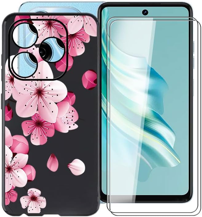 Phone Case for Tecno Spark 20 6.6, with 2 x Tempered Glass Screen Protector, Ultra-Thin Black Soft TPU Bumper Anti-Scratch Shock-Proof Case for Tecno Spark 20 - WM113