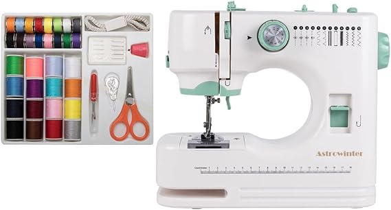 Mini Sewing Machine for Beginner (Sewing Supplies set included) - Small Sewing Machines with Two Needle Types, Two Speeds, LED Sewing Light, Foot Pedal AW-073-A1