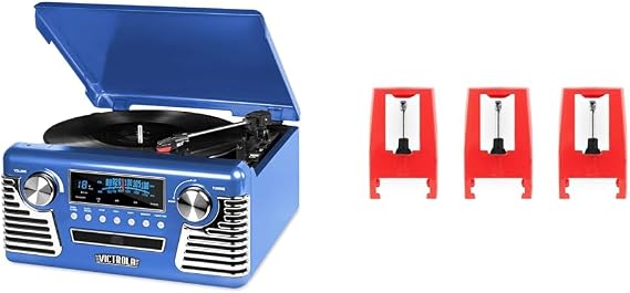 Victrola 50's Retro Bluetooth 3-Speed Turntable, CD Player, AM/FM Radio Bundle with 3 Pack Replacement Needles