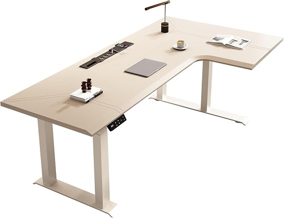 Computer Desk L-Shaped Electric Standing Desk with Charging Outlets, Height Adjustable Corner Home Office with Saddle Leather Top Work from Home(L)