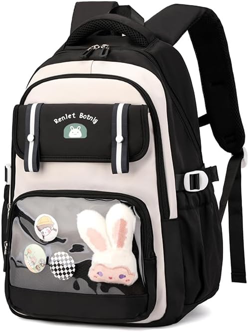 Black Backpack for Teen Girls Bookbag for Women with Bunny Clear School Bag for School