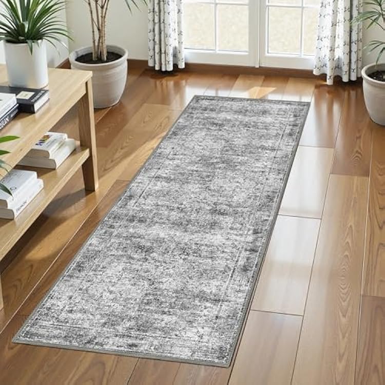 Washable Area Rug 26 x 8 Vintage Traditional Persian Mat - Foldable Distressed Non-Slip Machine Washable Carpet for Living Room Bedroom Kitchen Home Decor - Graphite and Mist