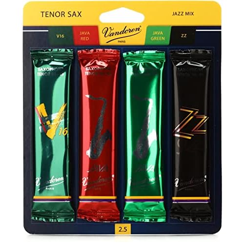 Vandoren SRMIXT25 Tenor Sax Jazz Reed Mix Card includes 1 each ZZ, V16, JAVA and JAVA Red Strength 2.5