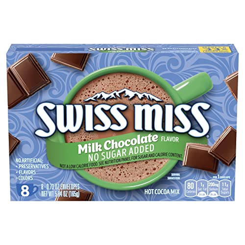 Swiss Miss Milk Chocolate Flavored No Sugar Added Hot Cocoa Mix, Hot Cocoa Bar Supplies, Powder, 0.73 oz., 8-Count Envelopes 12 Boxes