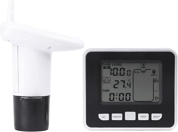 Ultrasonic Water Level Sensor, Wireless LCD Temperature Monitor Alarm System 100m Range 0 to 15m Detection for Water Tanks Industrial Use Battery Powered 2 Piece