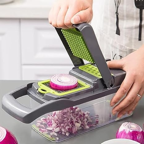 Multifunctional Vegetable Chopper and Dicer - Food Slicer With Replaceable Blades for Onions and More (Grey)