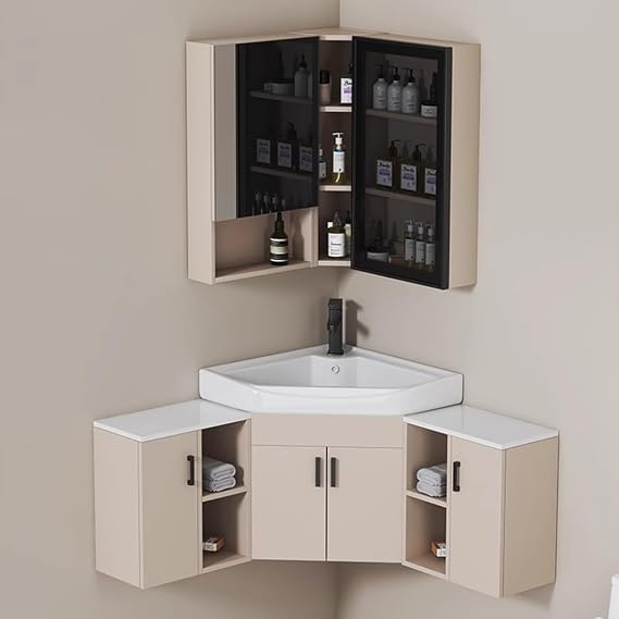 Farmhouse Bathroom Vanity Sink with Mirror Cabinet, Corner Hanging Wall-Mounted Shelf Storage Medicine Cabinet, Modern Narrow Cabinet Storage Organizer for Bathroom, Kitchen, Living Room(56+40CM/22+1