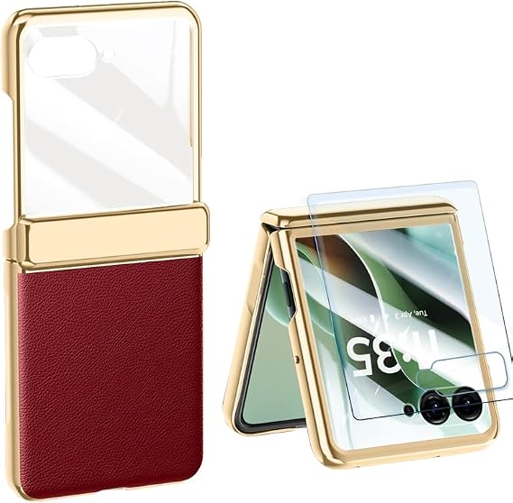 Leather Case for Motorola Razr Ultra 2026/2025 with Built-in Screen Protector & Hinge Protection, Ultra Thin Luxury PU Leather & Plating Frame Shockproof Protective Cover for Ultra 2026/2025(Red)