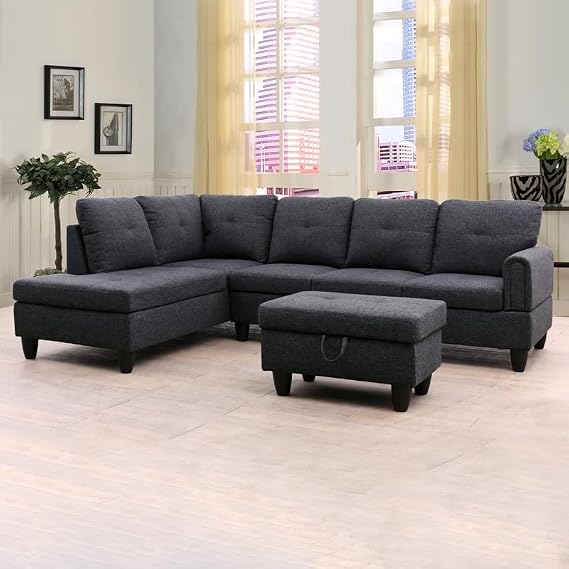 NicBex 3 Piece Set Modular Sectional Couch,Contemporary Linen Living Room Sofa Set,Sectional Sofa Set with Sofa,Chaise and Ottoman,Modular Sofa with Comfortable Wide Seats and Cushions,Black Grey